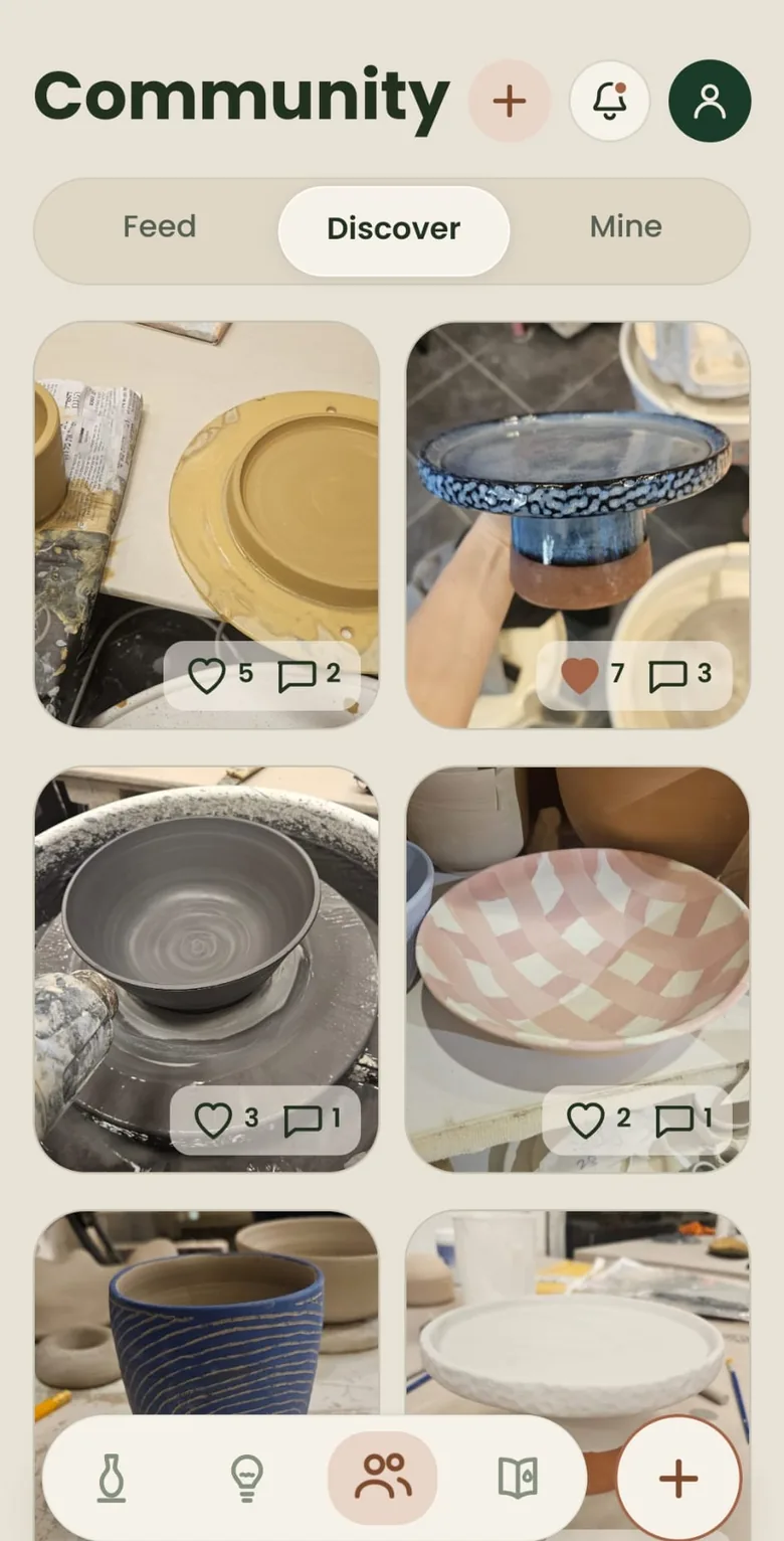 Community Discover in Clay Studio — a grid of pots shared by other makers.