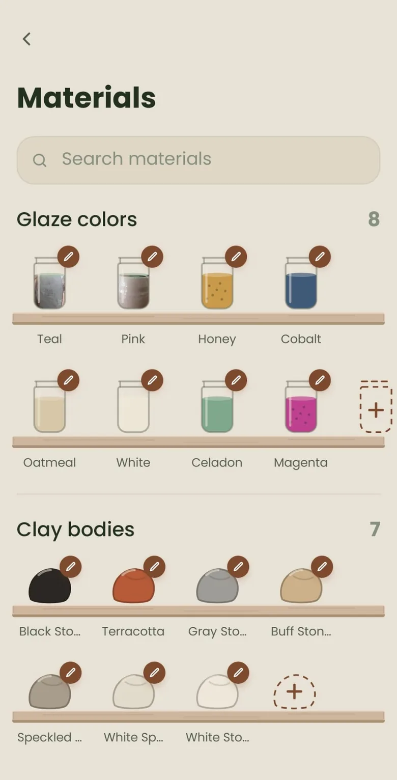 The Materials pantry in Clay Studio — glaze jars and clay bodies on studio shelves.