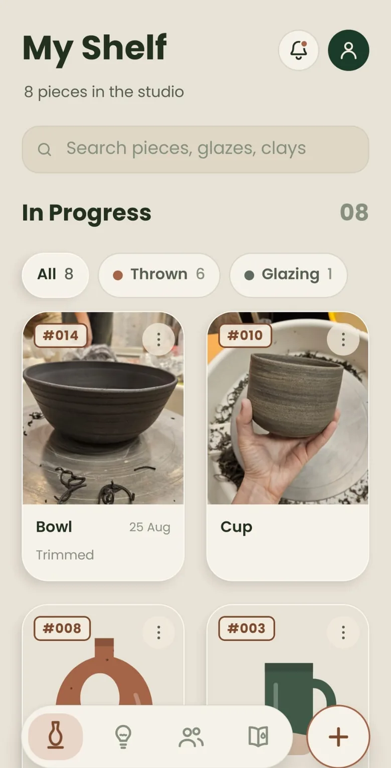 My Shelf in Clay Studio — eight pieces in the studio, a trimmed bowl and a cup in progress.