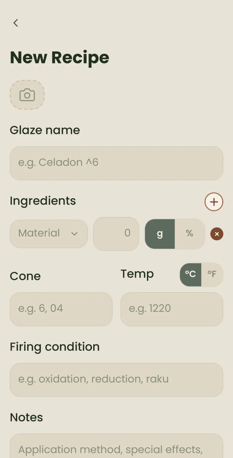 New Recipe in Clay Studio — glaze name, ingredients, cone, temperature and firing notes.